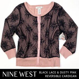 NWT Nine West Reversible Black Lace/Dusty Pink Cardigan Size L